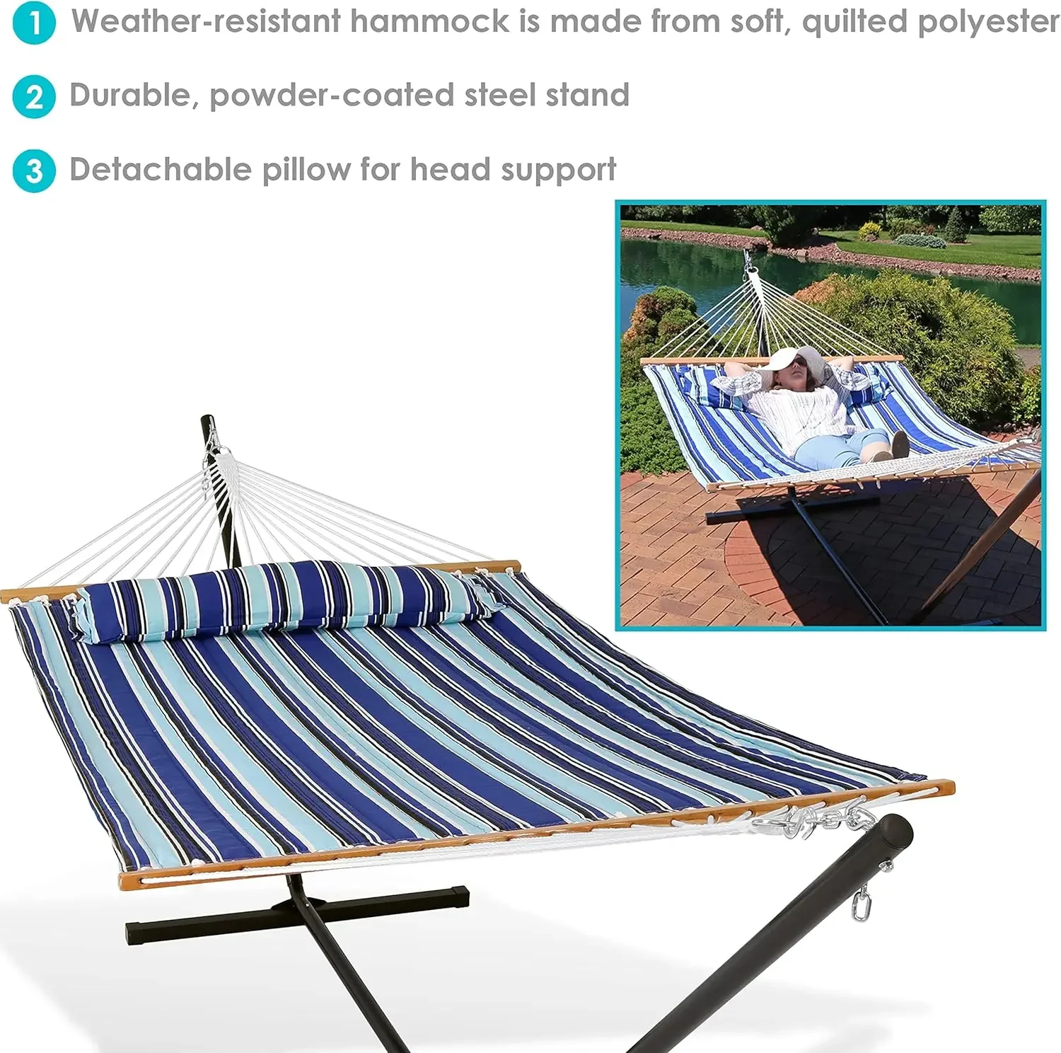 Double Quilted Fabric Hammock with 12-Foot Stand and Pillow - 350-Pound Capacity - Black Stand - Catalina Beach