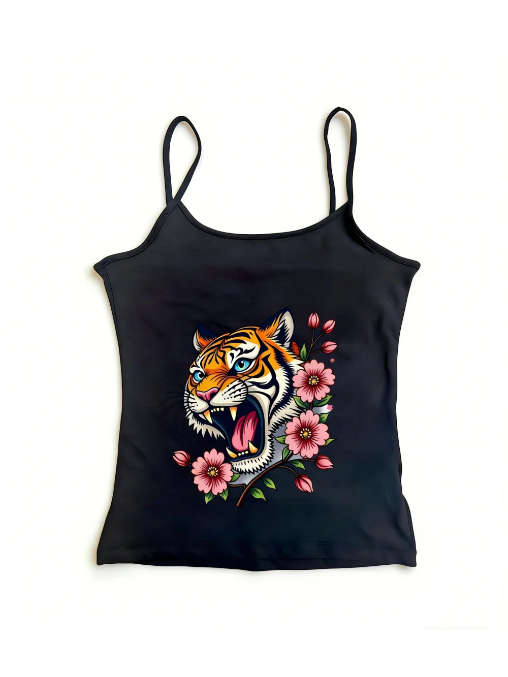 2026 Summer New Street Trendy Tiger Printed Strap Top Retro Flower Pattern Slimming and Slimming, Fashionable and Versatile Y2K
