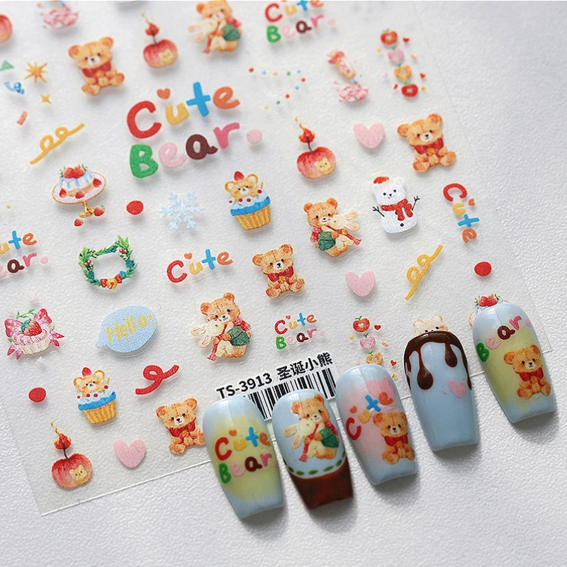 Lovely Cartoon Bear Christmas Tree Apple Strawberry Cake 3D Self Adhesive Nail Art Stickers Snowflake Xmas Cute Manicure Decals