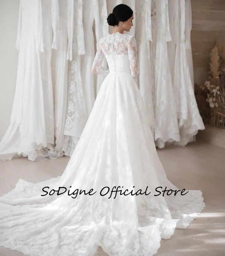 SoDigne A-line Elegant Wedding Dresses O-neck Long Sleeves Lace Bridal Dress Long Back Button Wedding Gown Robe De Mairee ﻿