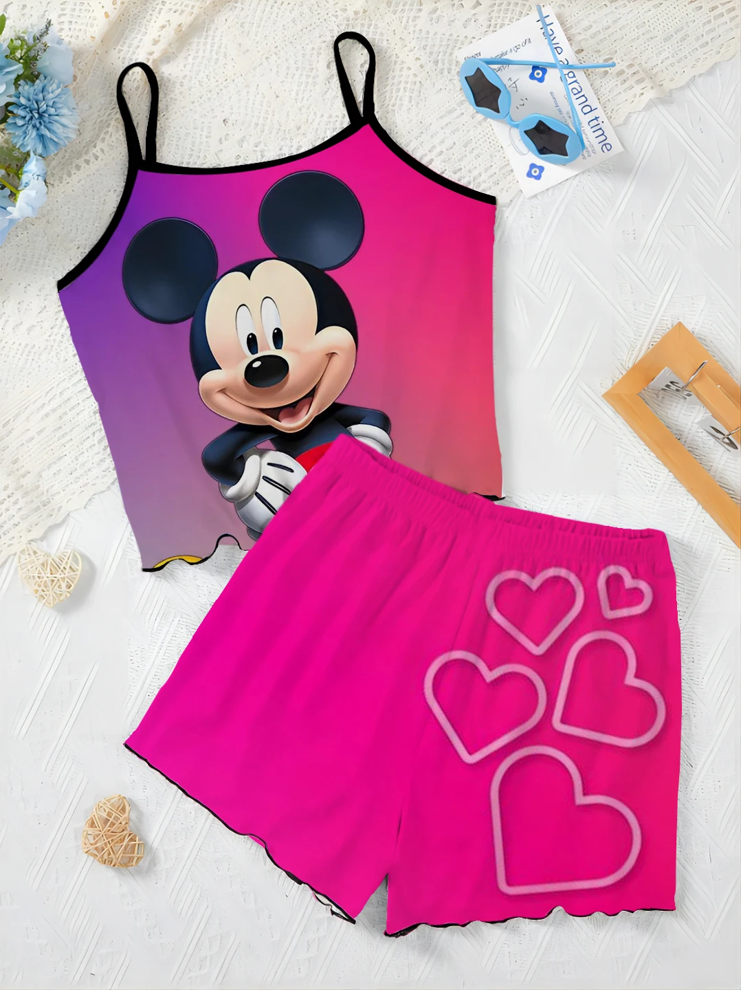 Ensemble Haut et jupe Disney pour femme, robe à enfiler, garminiture en laitue Minnie Mouse, Pajama Disney Eleégant, Pieces courtes