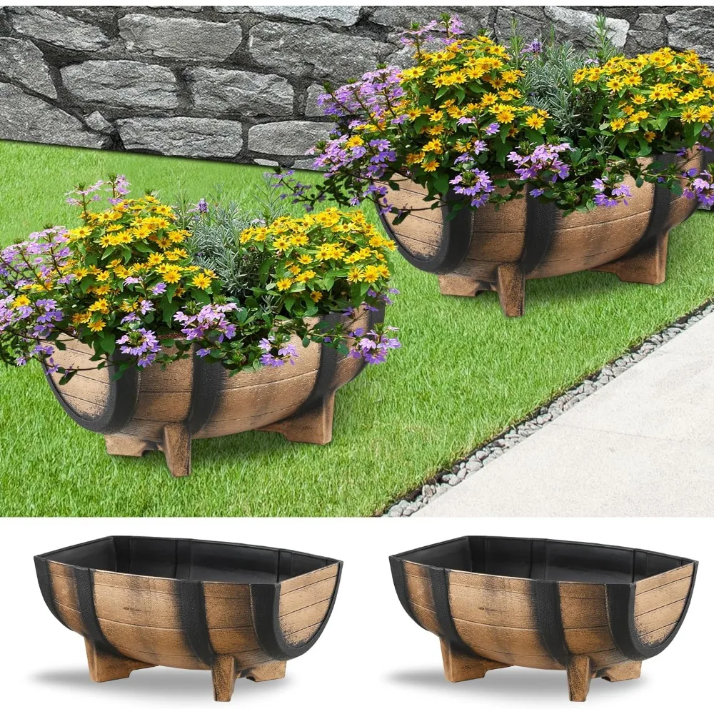 

2 Pack Rustic Half Barrel Planters, Plastic Weather Resistant Plant Flower Pot Indoor & Outdoor Garden Planter