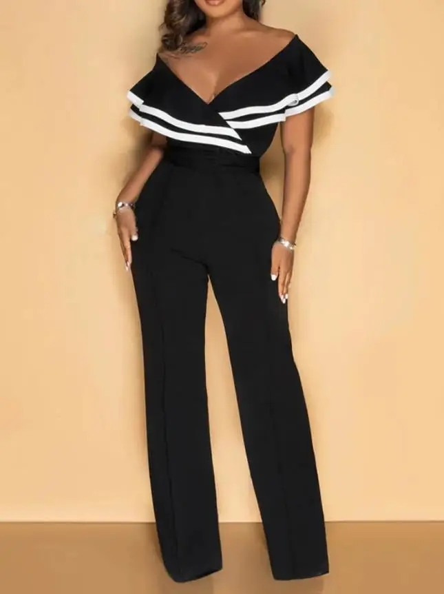 حجب اللون الربط العميق الخامس الرقبة الكتف يتعرض لوتس ليف حافة عالية الخصر بذلة ل الصيف المرأة بذلة أنيقة