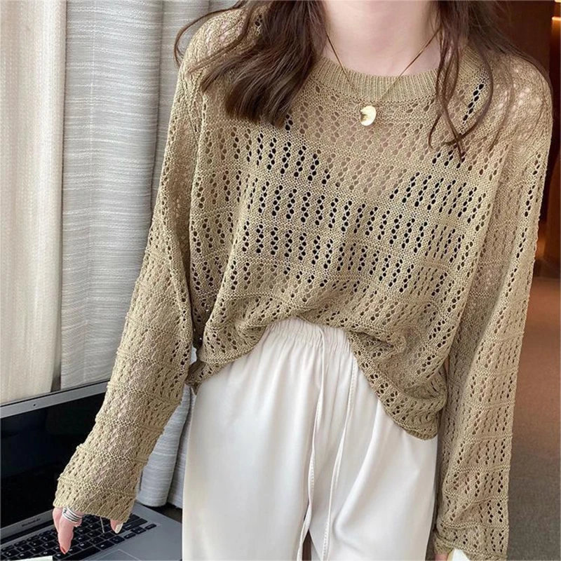 BIGSWEETY Women O-Neck Loose Casual Shirt Hollow Out Beach Top Knit Long Sleeve Tees See-through Crop Top Spring Summer