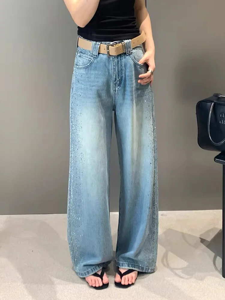 

Женские джинсы в стиле ретро с американским дизайном, со стразами по бокам, свободные, модные, летние, новая модель, с высокой талией, рваные, длинные брюки
