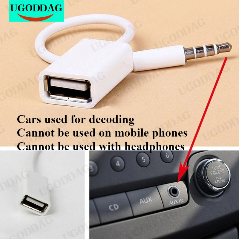 3.5mm Male AUX Audio Plug Jack To USB 2.0 Female White Extension cord Converter Cable 15cm