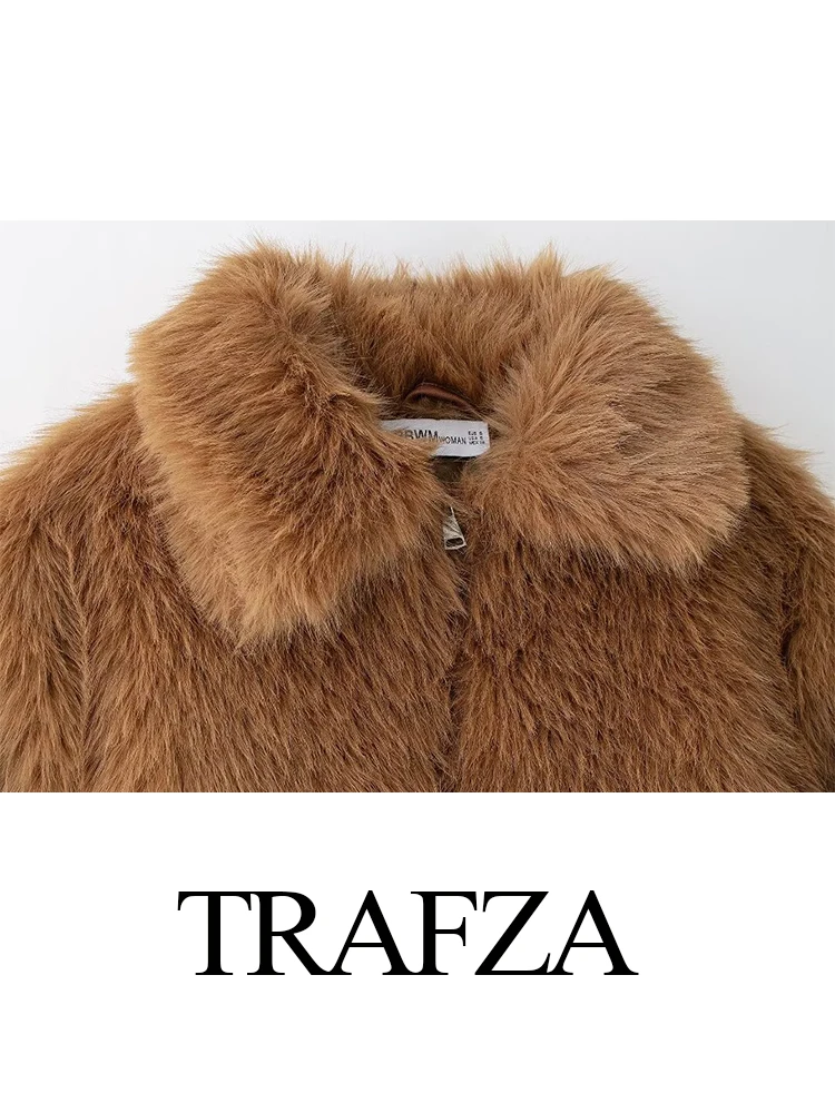 Trafza moda feminina inverno peludo turn down collar manga longa jaqueta feminina elegante quente zíper efeito de pele do falso casaco texturizado