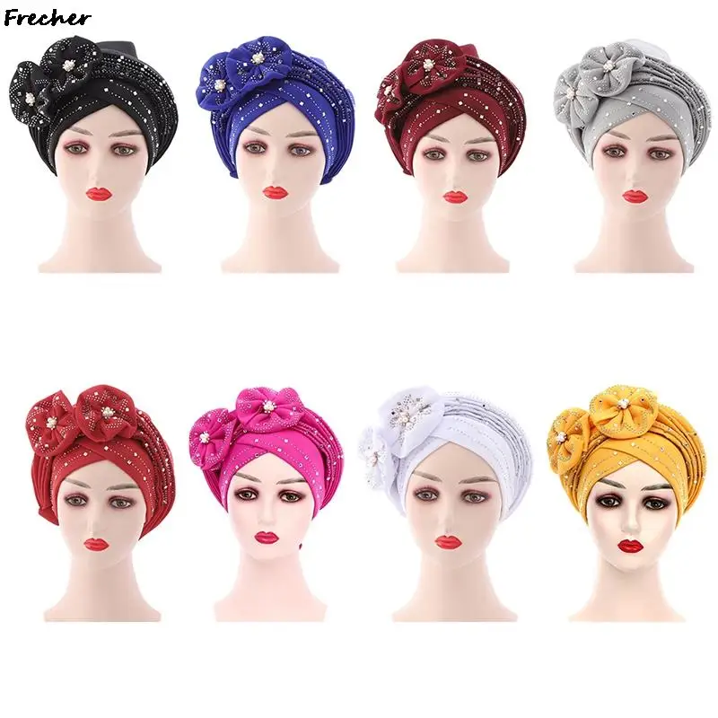 Afrikanische Kristall Turban Kappe muslimische Hijabs Mütze Abdeckung Blume Bowknot Motorhaube Kopftuch Hut Mode Haar abdeckung Blume Dekor Hüte