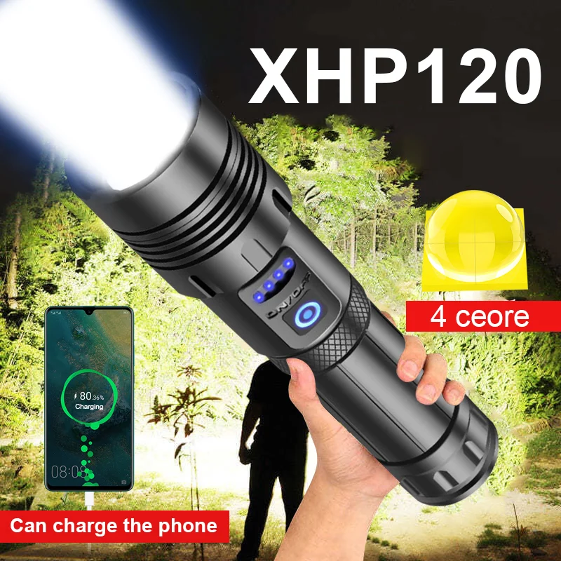 Super XHP120 Powerful Led Flashlight XHP90 High Power Torch light Rechargeable Tactical flashlight 18650 USB Camping Lamp