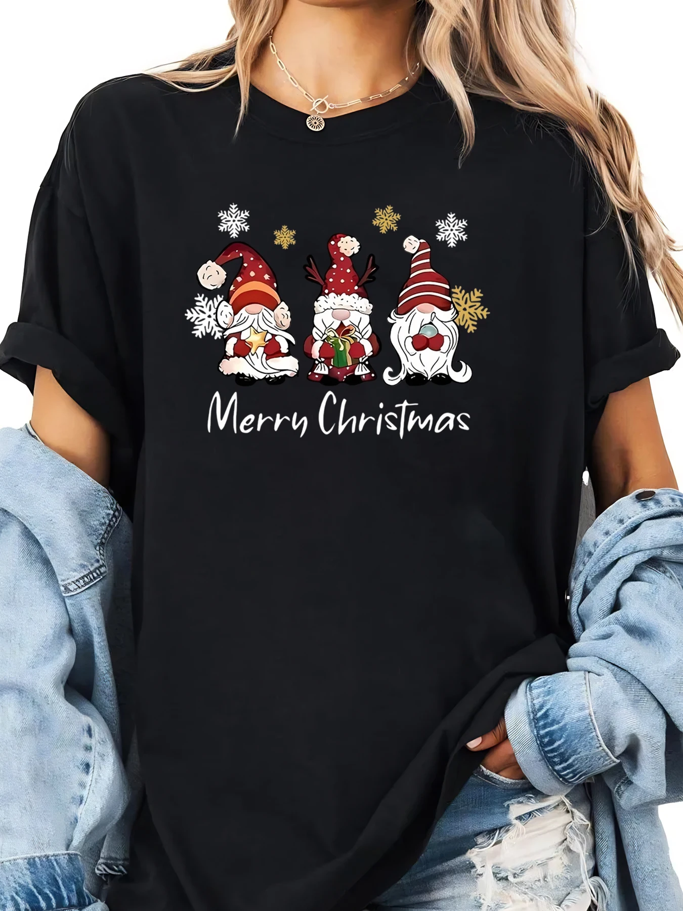 Kerstkabouters Vrolijk Kerstfeest Print T-shirt Dames Vakantie Vrijetijdskleding Zwart Plus-maat