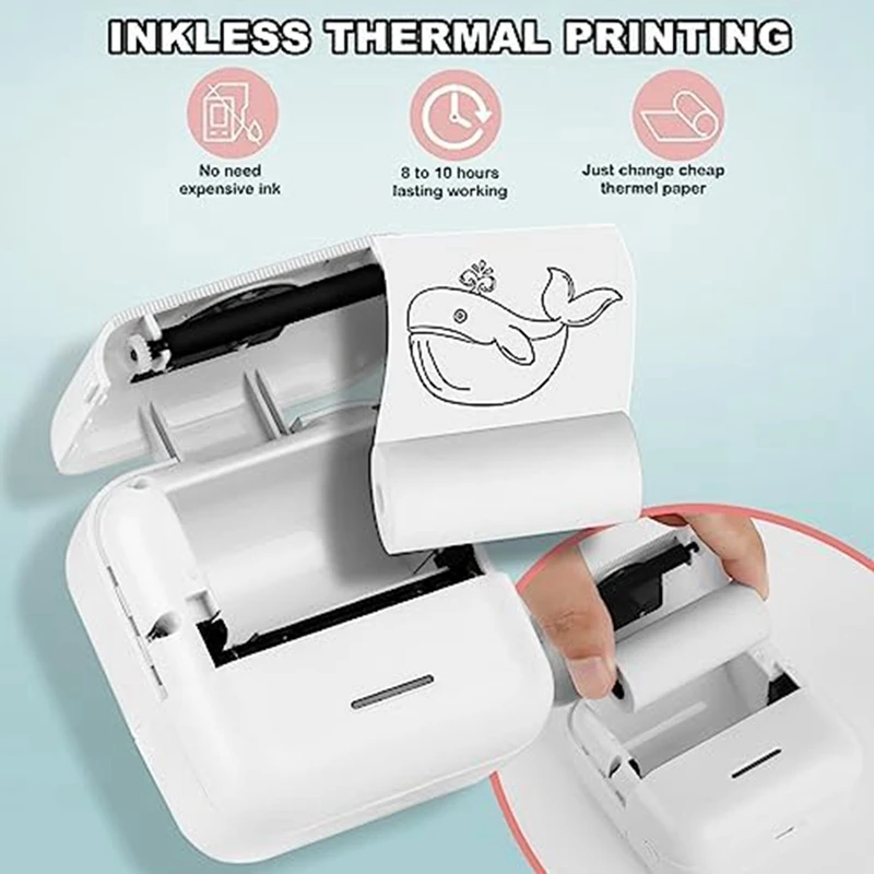 Impressora de Adesivos Inkless para Crianças e Amigos, Impressora Térmica, Impressora de Bolso Branco, Diário Fotográfico, 5 Rolos de Papel de Impressão