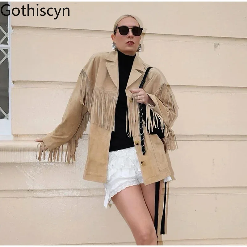 

Gothiscyn Retro Tassel Long-sleeved Jacket for Women's Autumn Single Breasted Turn-down Collar Jacket Fashion Female Clothes