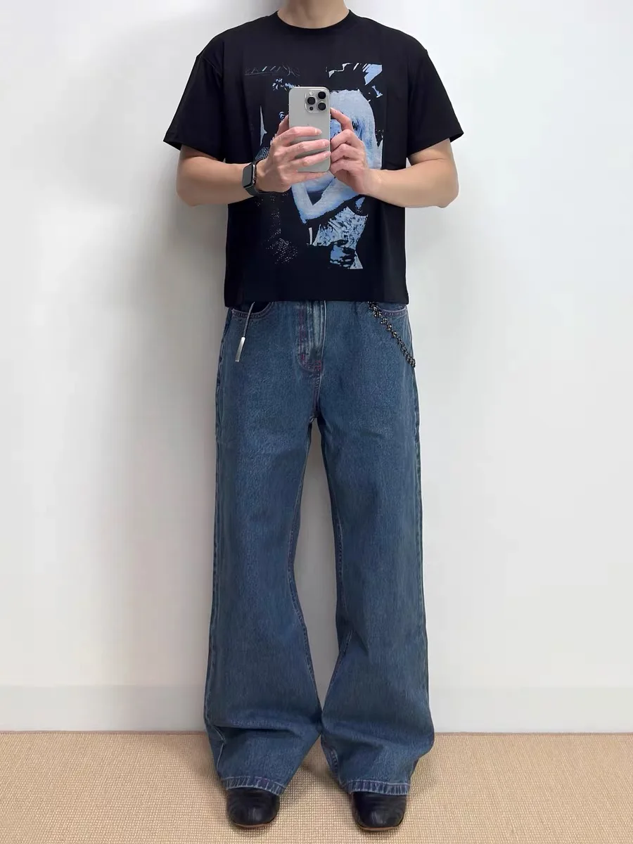 

Mona Purple Line Design Men's Straight Leg Jeans American Retro Waed Long Pants High Waist Jeans Casual Breathable Winter