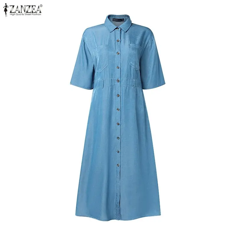 ZANZEA 2026 Spring Denim Blue Dress Women Stylish Shirt Dress Elegant Lapel 3/4 Sleeve Work Sundress Solid Robe Buttons Vestidos