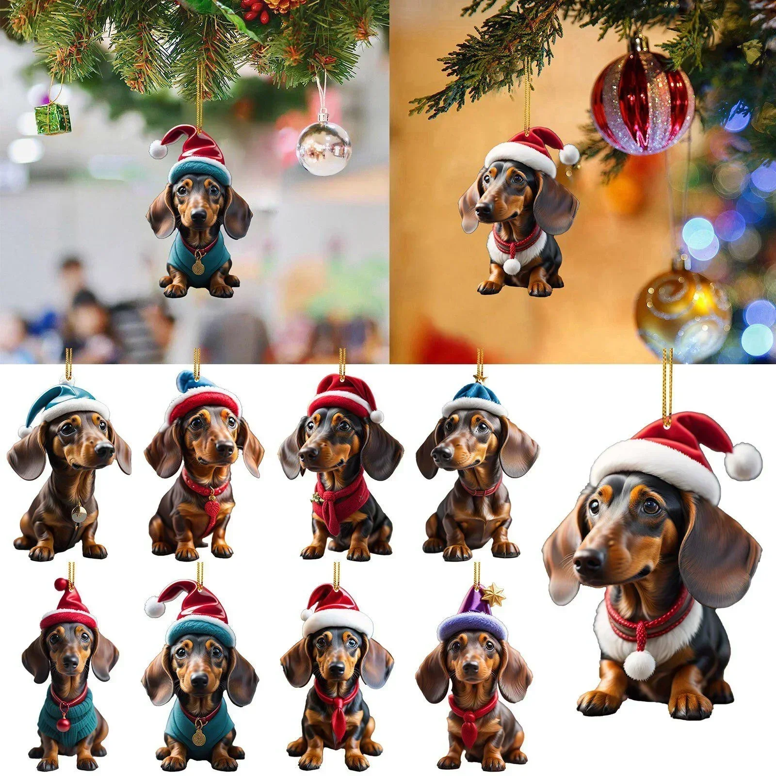 Cute Dog Christmas Tree Pendants 2D Acrylic Christmas Ornaments Hanging Decorations for Car Door Window Xmas Gifts New Year 2024