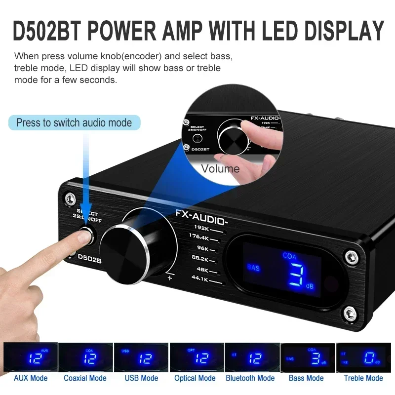 2020 FX-Audio New D502BT HiFi 2.1 Channel Digital Audio Power Amplifier 60W*2+Subwoofer Output QCC3003 Bluetooth Remote Control