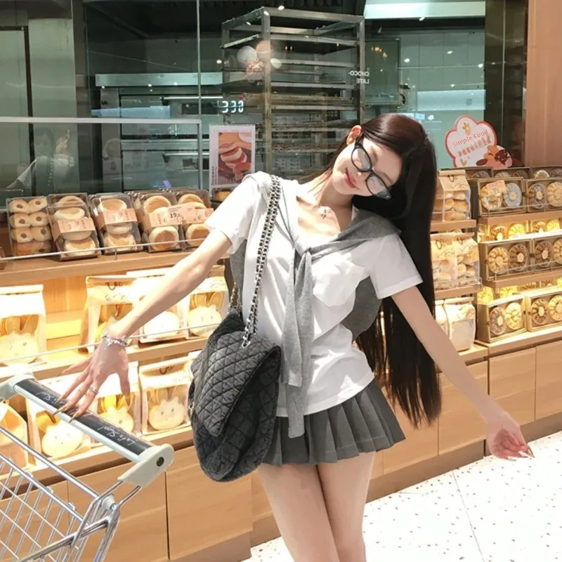 

Chic Breathable Short Sleeve T-Shirt Scarf Pants Three Piece Set Korean Style Casual Summer Fashion Pure Color High Waist Shorts
