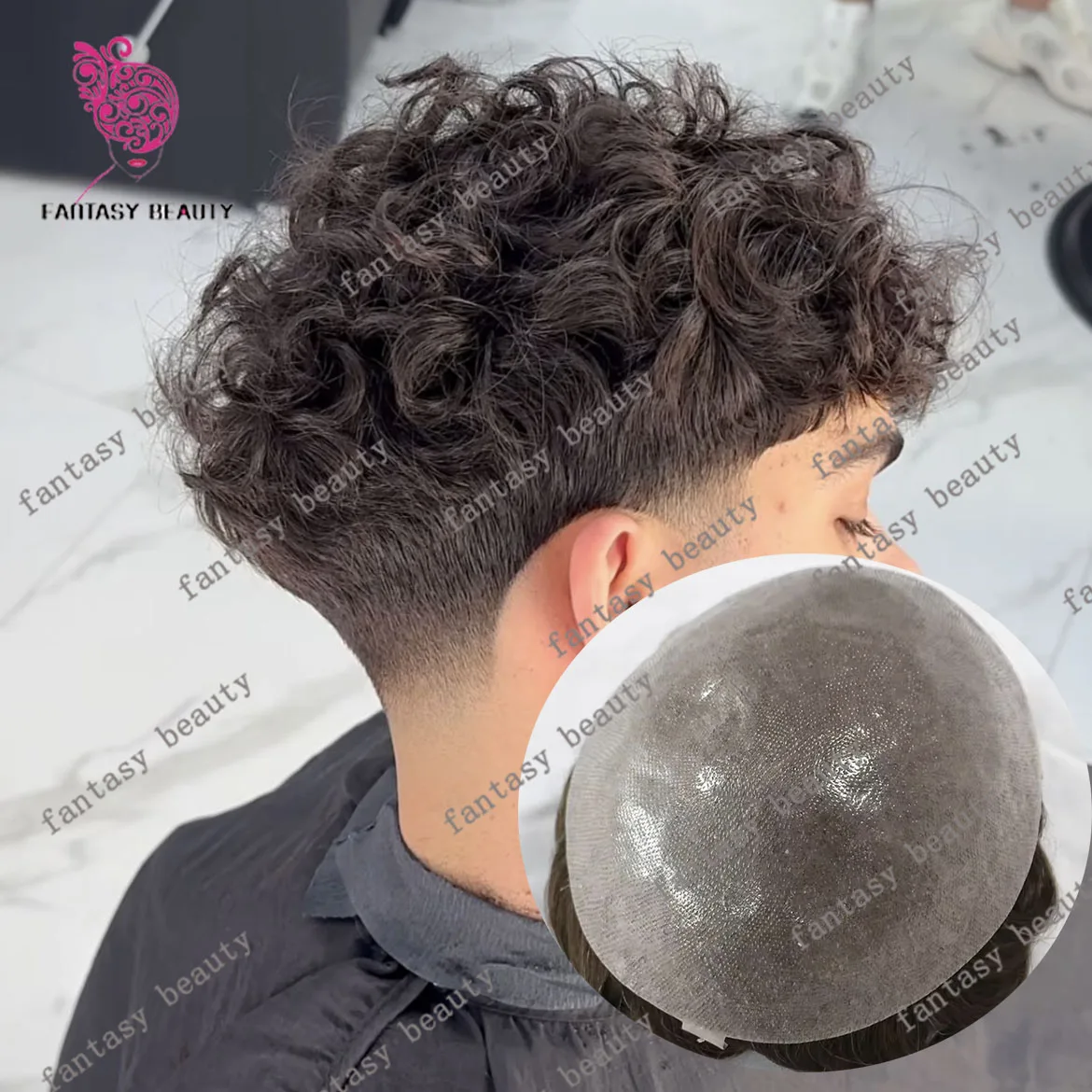 

0.06mm Blonde Brown 20mm Curly Ultra Thin Skin HD Poly Wig Human Hair Natural Frontline Men's Toupee Invisible Prosthesis System