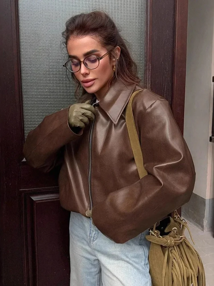 New in Spring Summer Women Jackets Fashion Lapel Zipper Long Sleeve Female Coats Lady Street Outwear Burgundy Leather Jacket