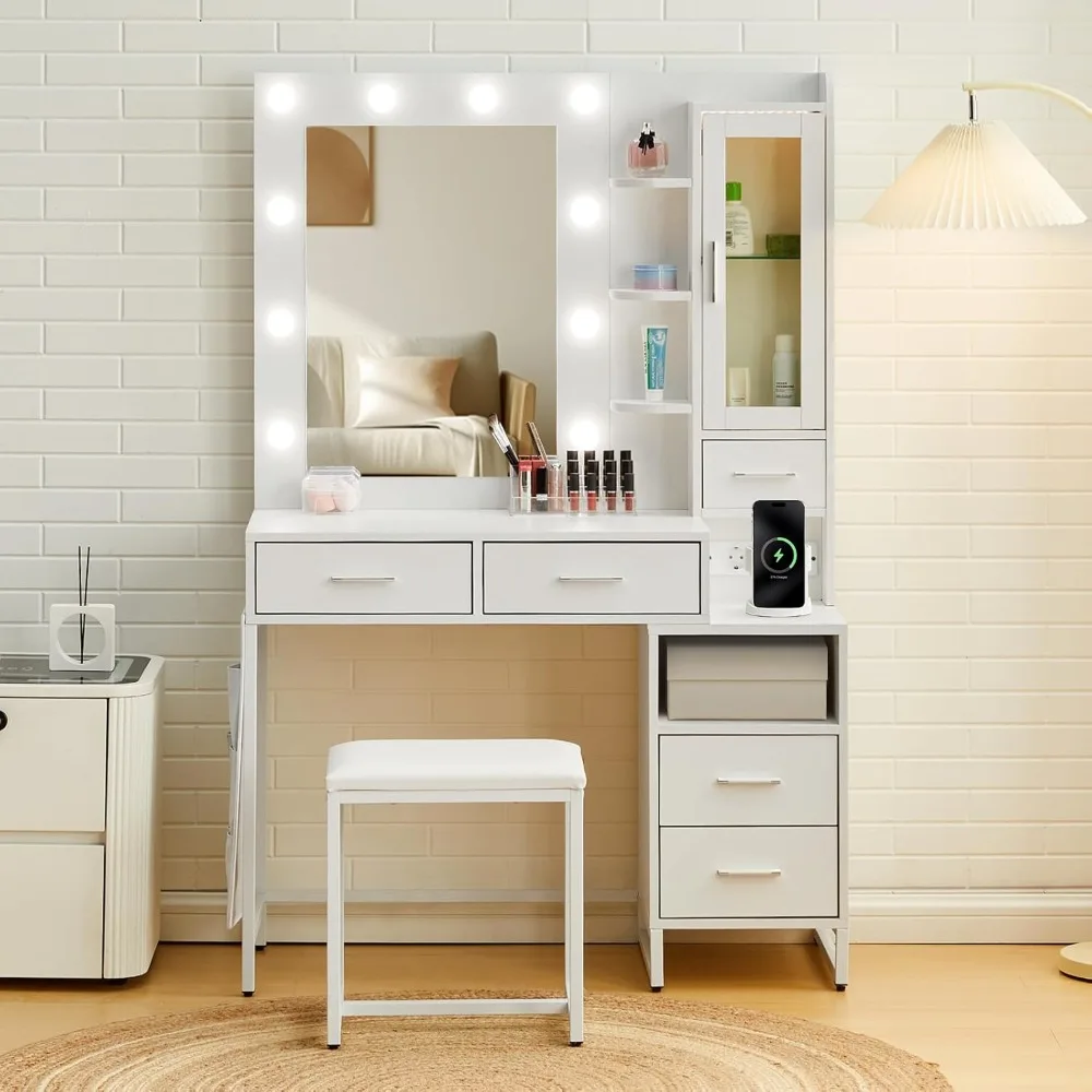 

Coiffeuse avec Miroir et Tabouret LED Adulte, Blanc Coiffeuse avec Miroir Rangement à 2 Étagère 5 Tiroirs 1 Cabinet 2 C