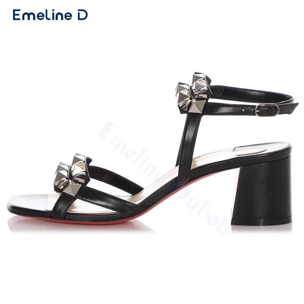 

Studded Double-Strap Thick-Heeled Sandals with Round Toe Black Leather Casual Sandals Fashionable Daily Women's Shoes