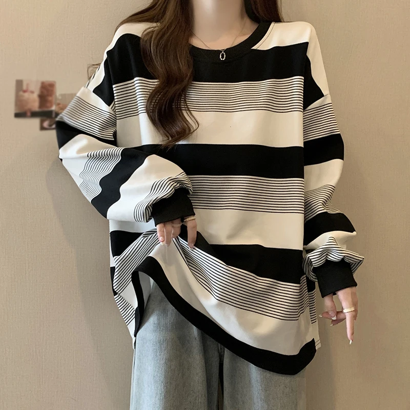 American Retro Striped Tin Sweatshirt Women's New Autumn Slim And Fat Belly Covering Loose Student Top