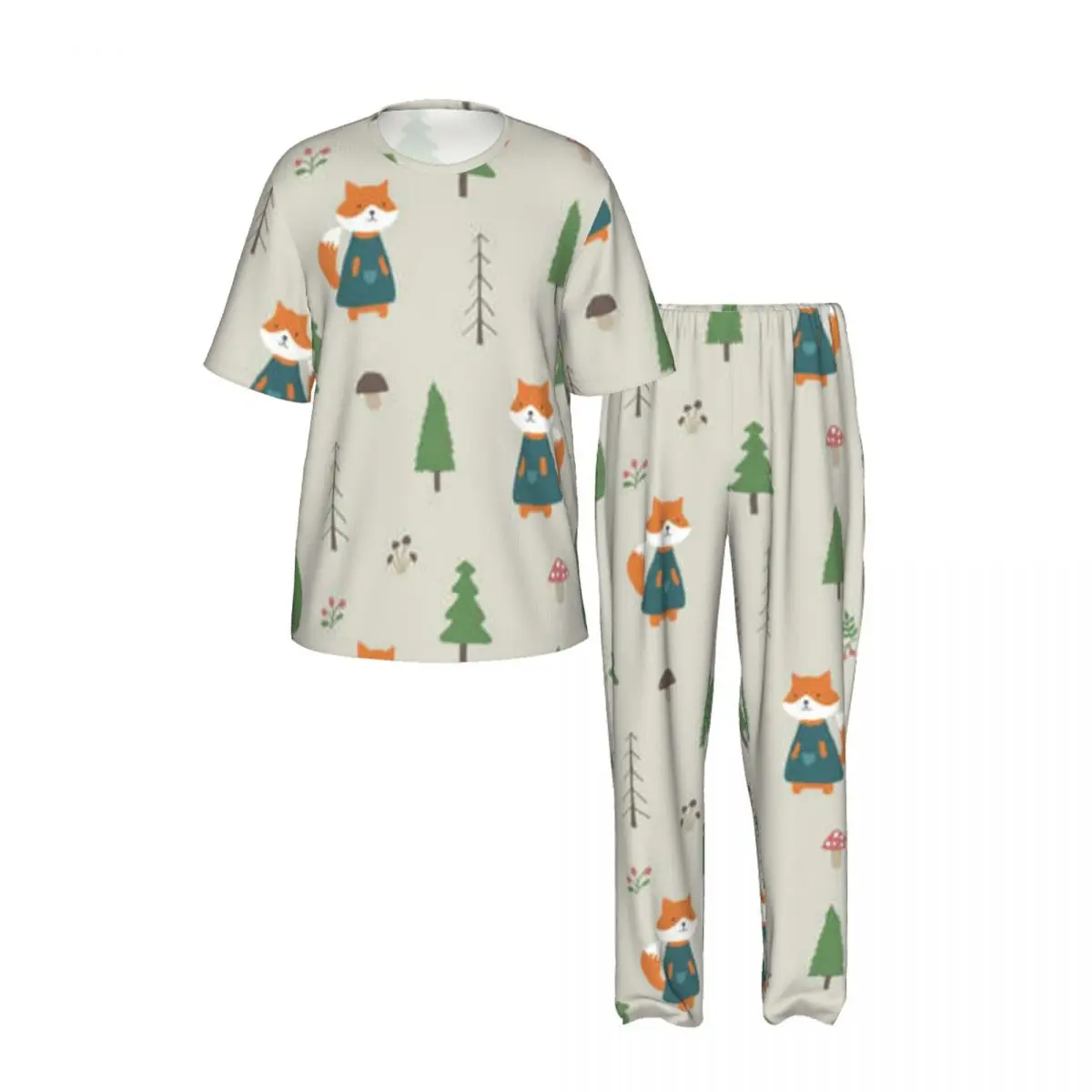 Sleepwear Summer Spring Home Clothes Cute Fox In Forest Background Short Sleeve Long Pant Nightwear