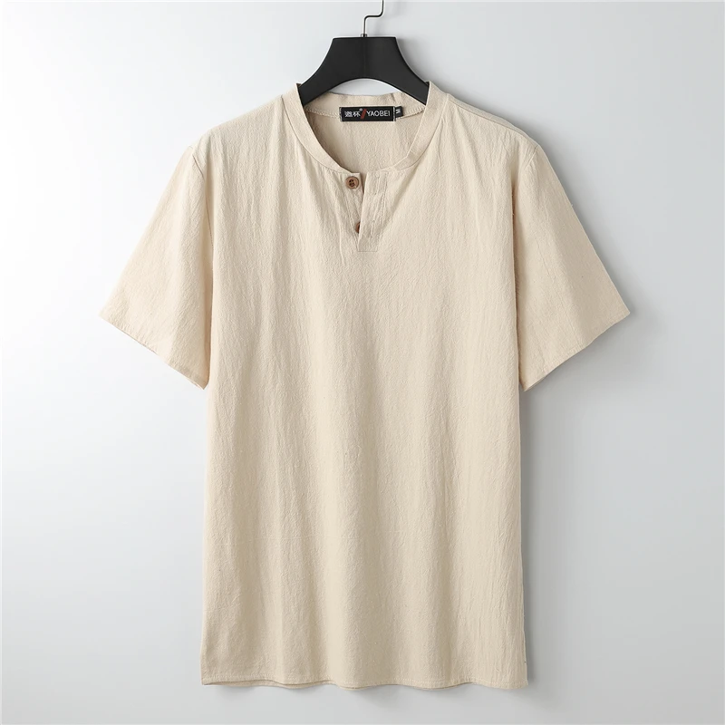 9XL Linen T-shirt Men Summer Solid Color Tshirt Fashion Casual Linen Tees Tops Male Henley Collar T Shirt Plus Size 8XL 9XL