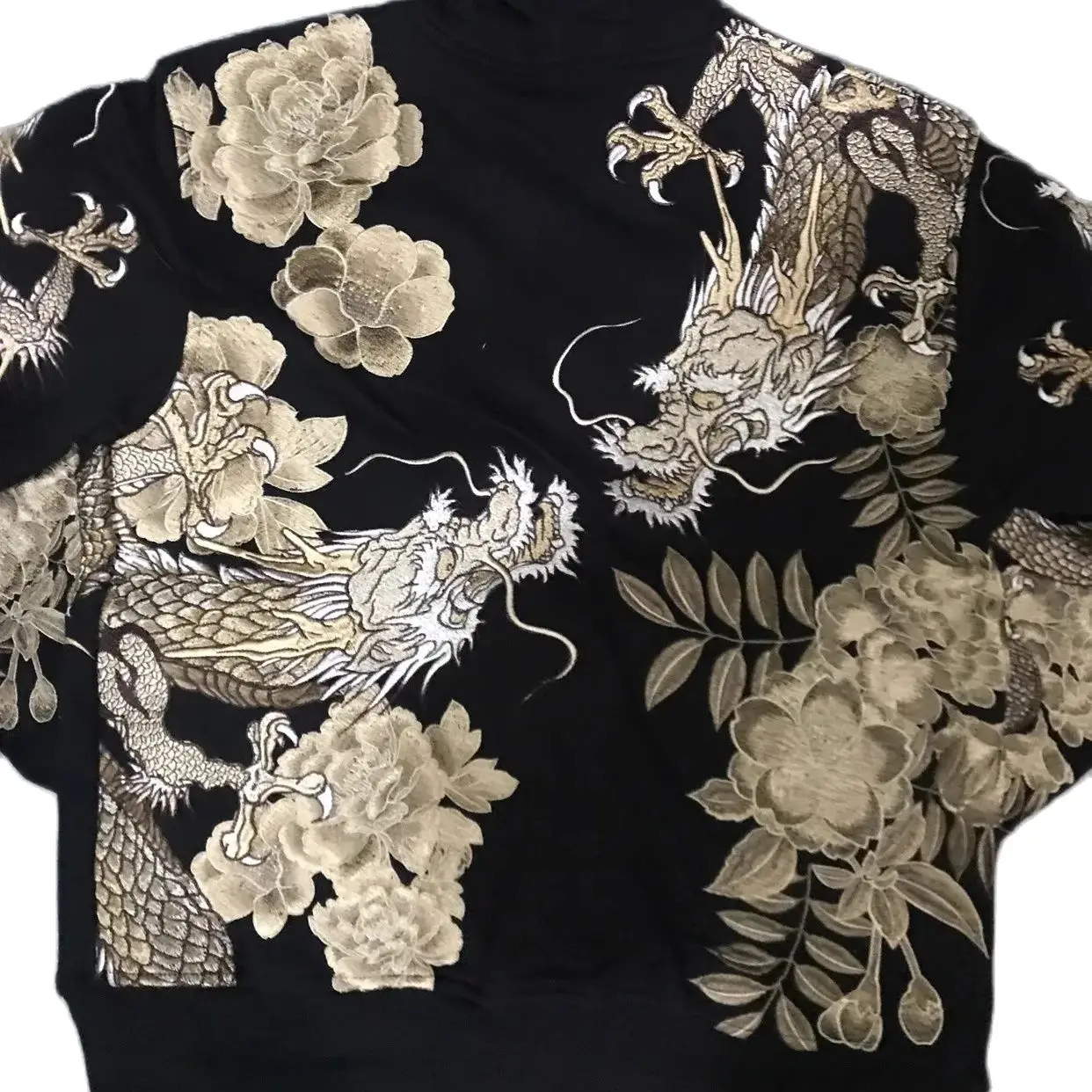 Men Boys Black Gold Peony Dragon Embroidery Sukajan Souvenir Jacket Loose Hoodies