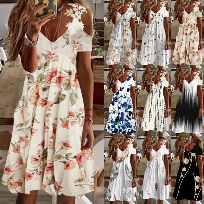 봄 여름 크로스보더 여성용 플로럴 프린트 오프숄더 레이스 트림 스윗 스타일 기타 의류...