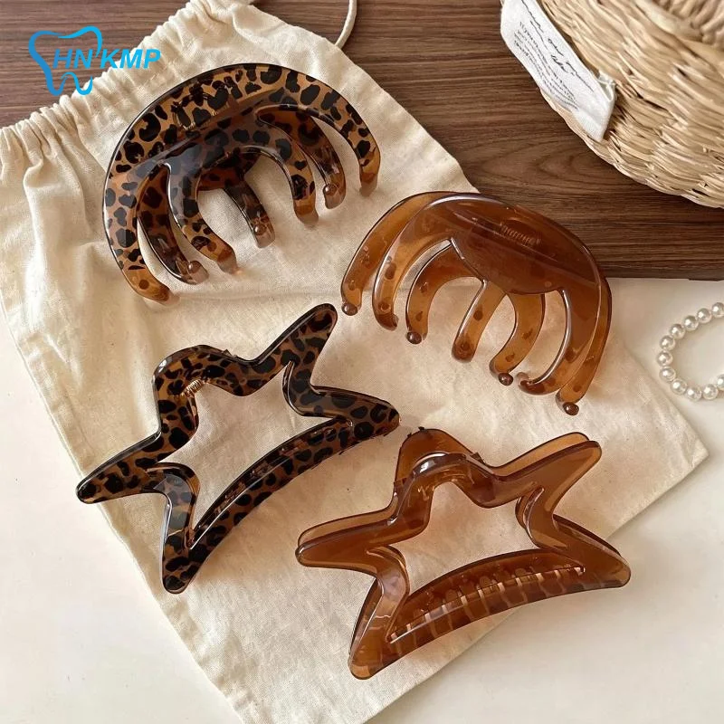 Leopard Print Brown Acetate Large Hair Claw Clips Strong Hold Non Slip Hair Catch Barrettes Women Daily Updo Hair Accessories