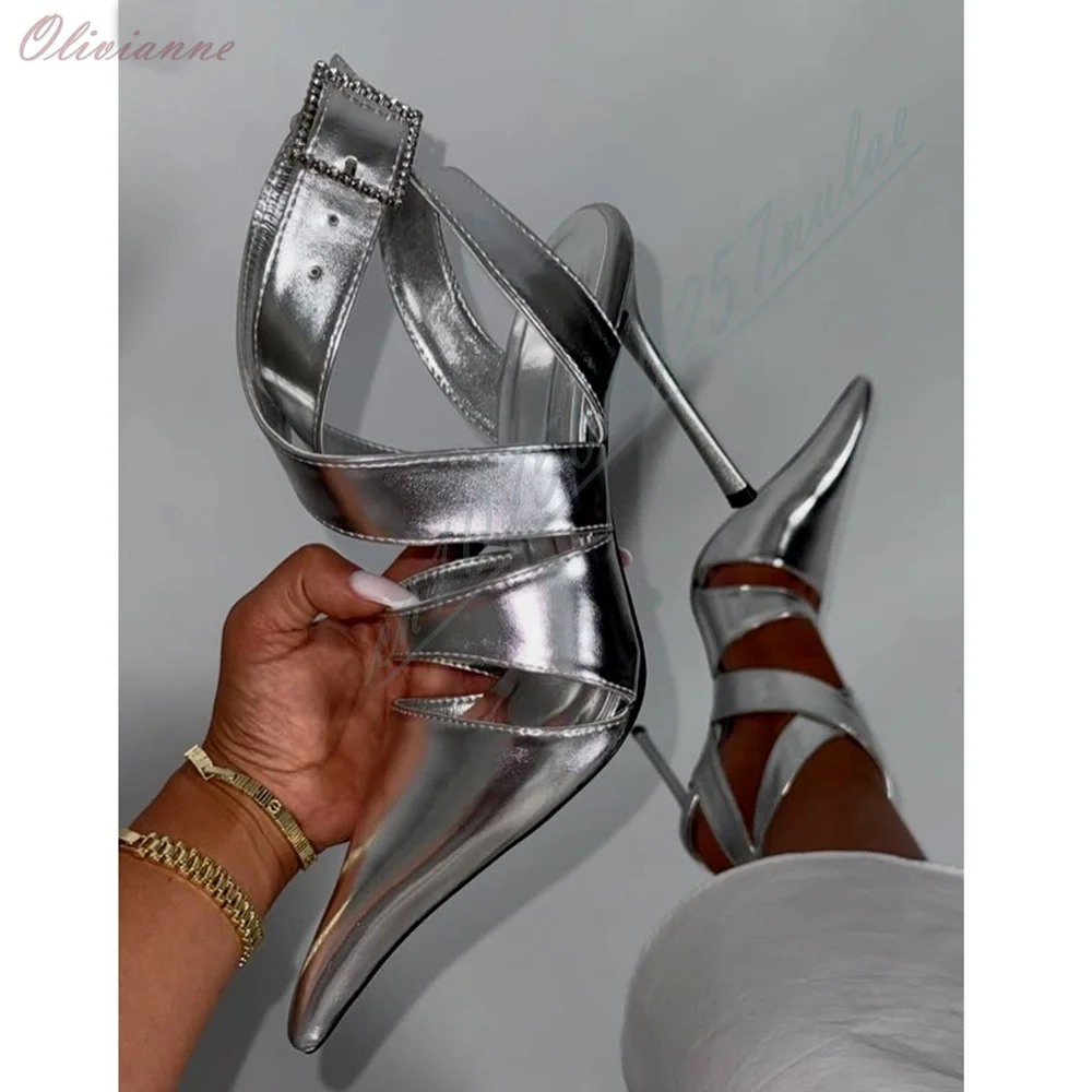 Metallic Silver Cutout Cross Strap Sandals Women Sharp Pointed Toe Rhinestone Square Buckle Ankle Wrap Strap Stiletto High Heel