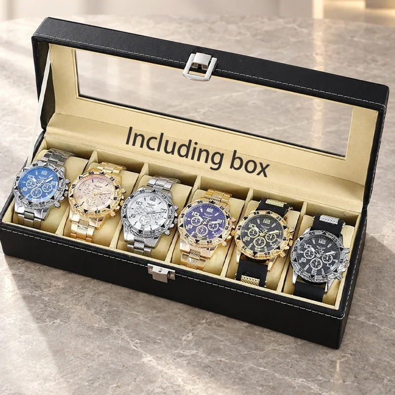 6Pcs Men Sports Quartz Wrist Watch Set With 6 Slots PU Leather Watch Box Chronograph Style Male Wristwatch Collection Gift Set