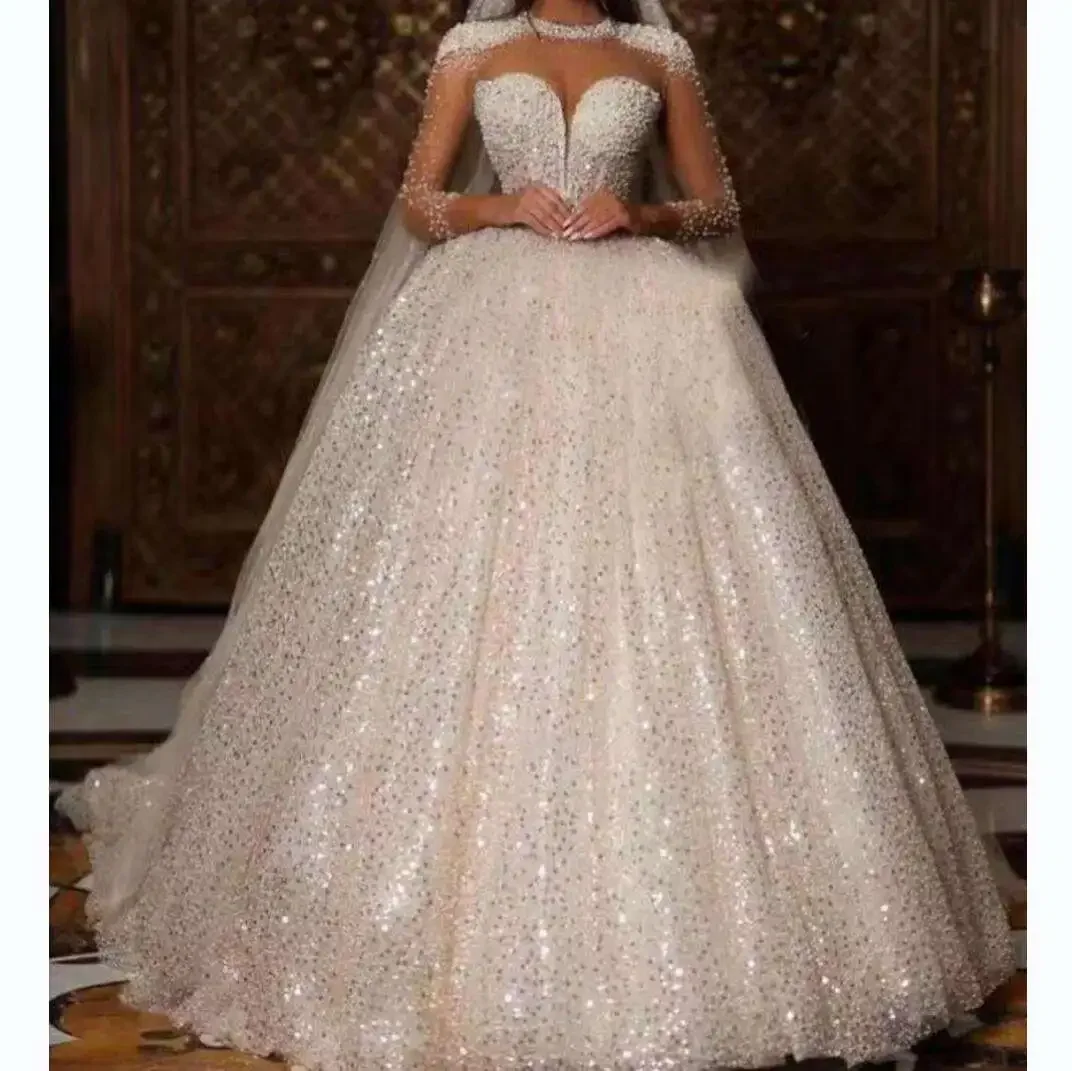 Vestido De Novia personalizado De lujo con perlas brillantes, cola capilla, ilusión, manga larga, vestido De Novia