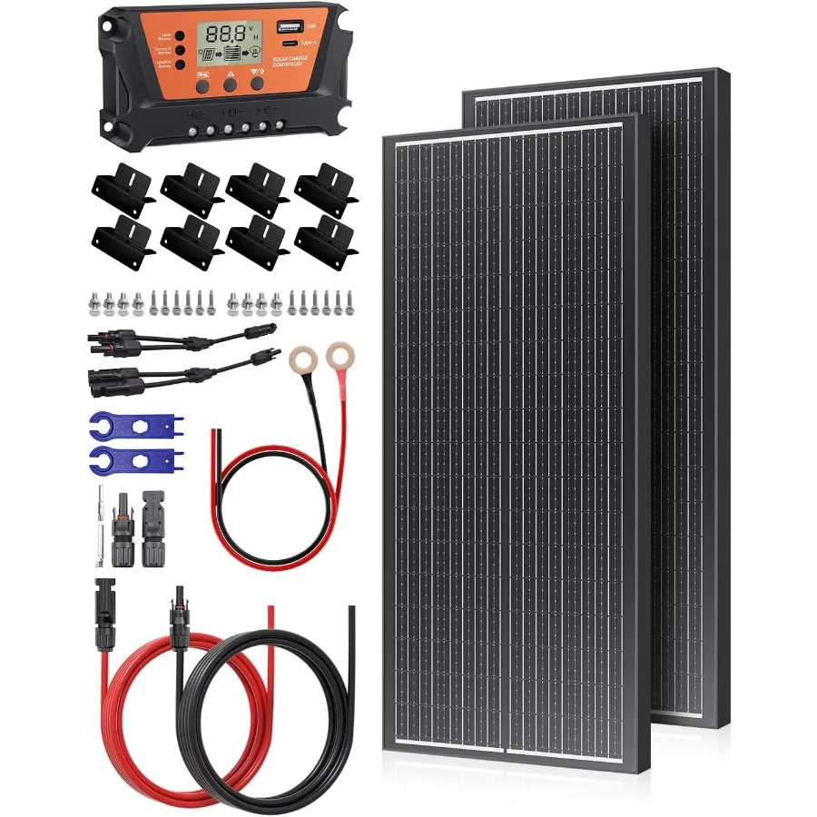 18BB 200 واط 12 فولت 24 فولت مجموعة اللوحة الشمسية مع 2 قطعة 100 واط NType لوحات 30A PWM جهاز التحكم في الشحن YBranch كابلات ZBrackets ل RV تخييم