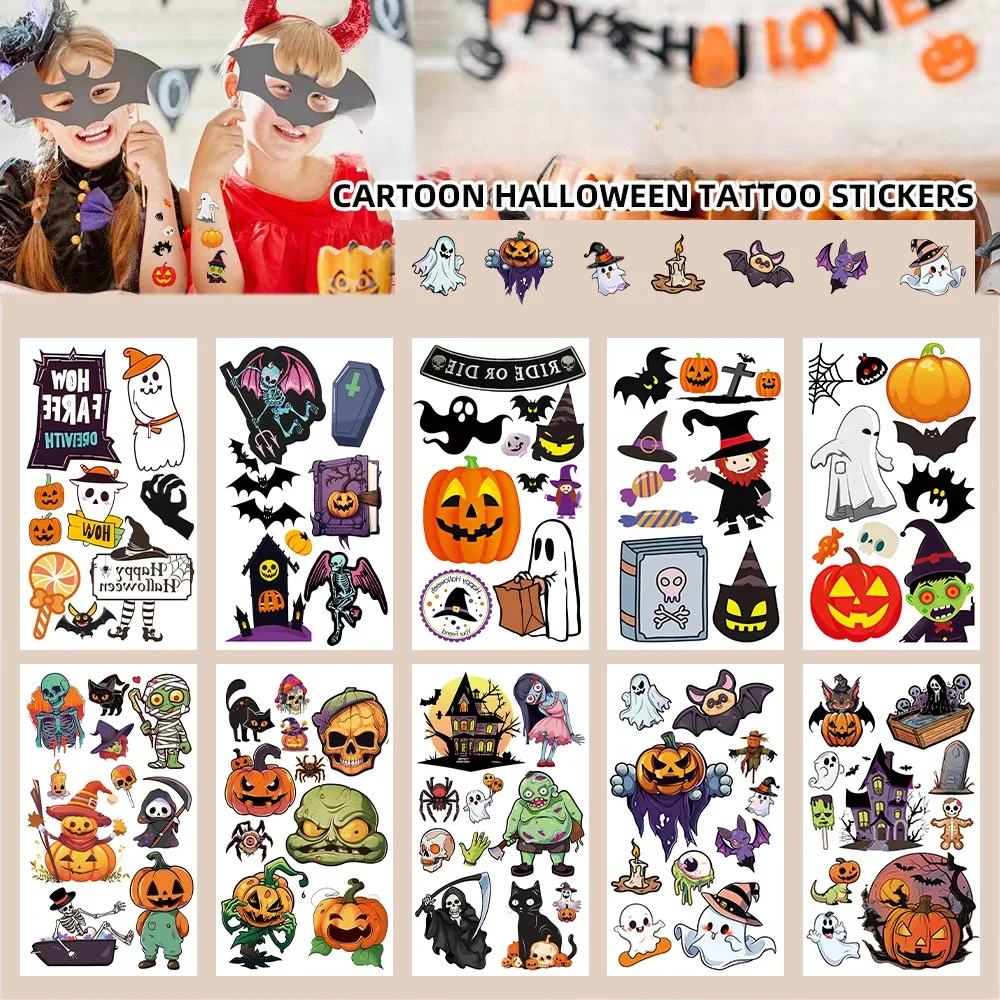 10Pcs Cartoon Cute Halloween Tattoos Sticker Waterproof Kawaii Pumpkin Head Skeleton Cosplay Halloween Party Prop Kids Gifts