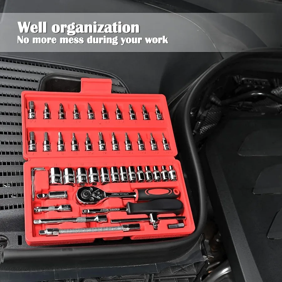 Set di 46 chiavi a cricchetto a bussola da 1/4 pollici con set di bussole per punte in dimensioni metriche e barra di prolunga per riparazioni automobilistiche