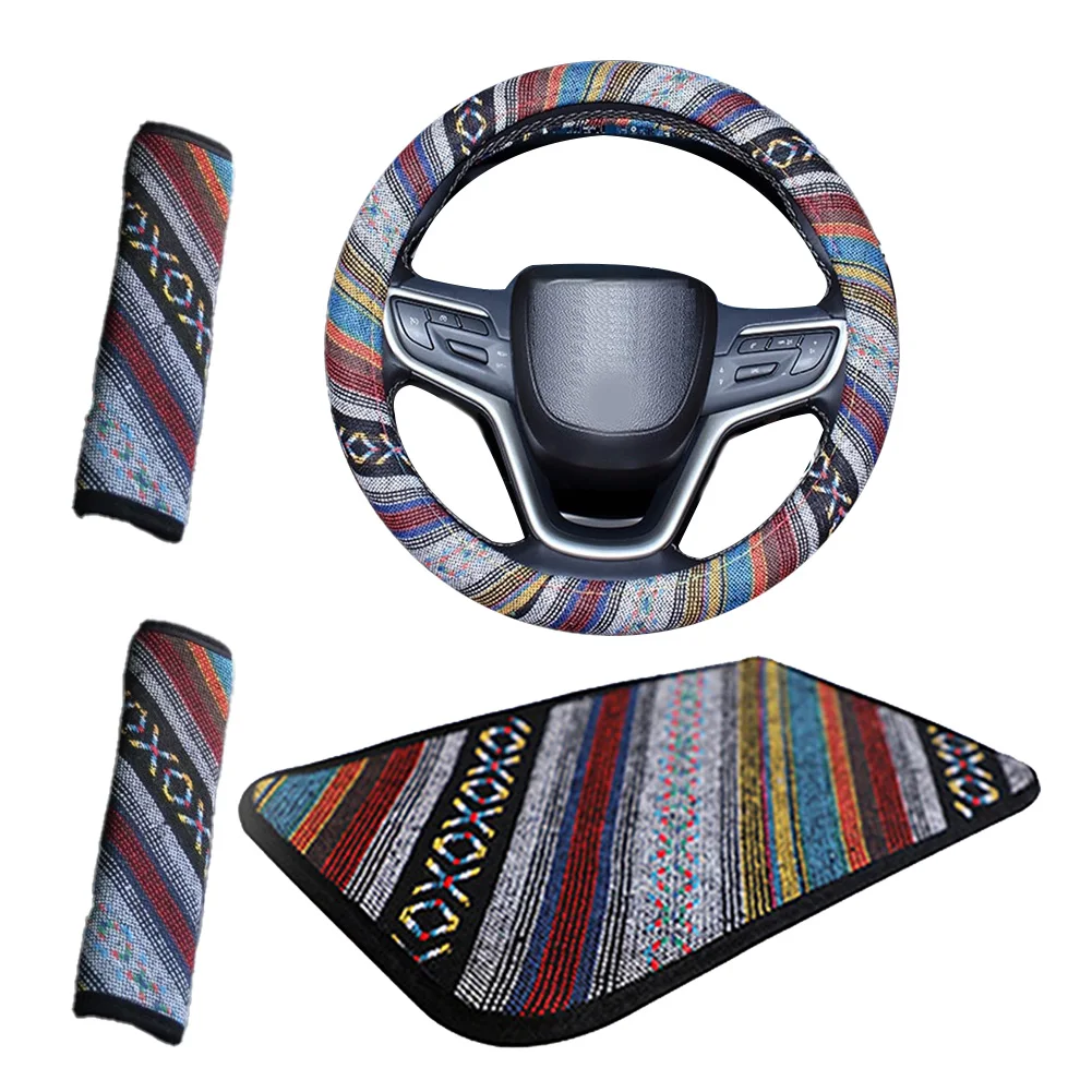 Transform Your Car\'s Interior with this 4PC Bohemian Style Car Accessory Set Steering Wheel Cover Cushion and Shoulder Straps