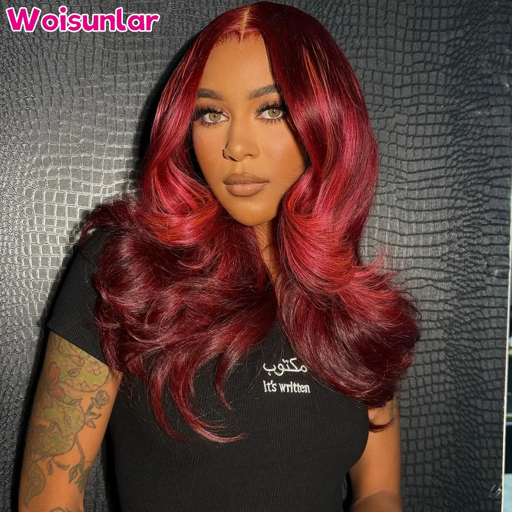 

Highlight Red lace Front Human Hair Wigs body wave 34 inches 200% Black women13x4 Transparent Lace Natural Brazilian hair wigs