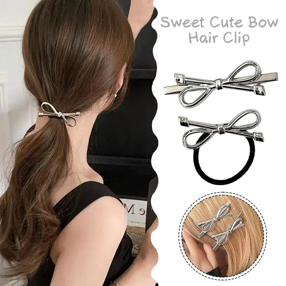 Silver Bow Hair Clip Korean Sweet Cute Bow Hair Clip Side Pins Barrettes Women Duckbill Hairpin Hair Accessories