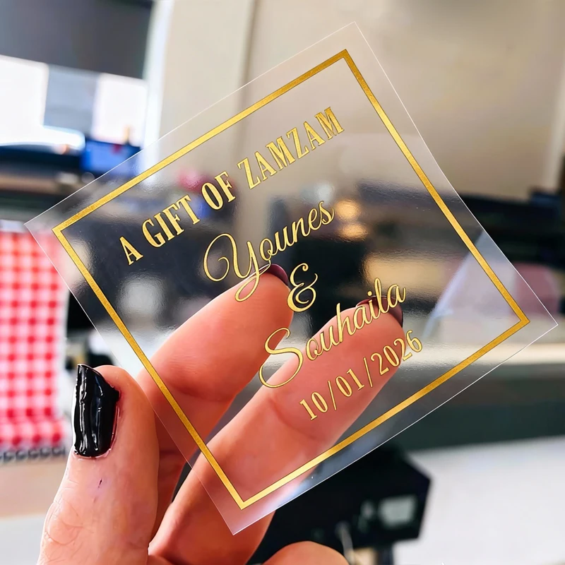 

50PCS Square Personalized Wedding Stickers Transparent Background Stickers wiht Gold Foil Silver Foil Black Text Favor Labels