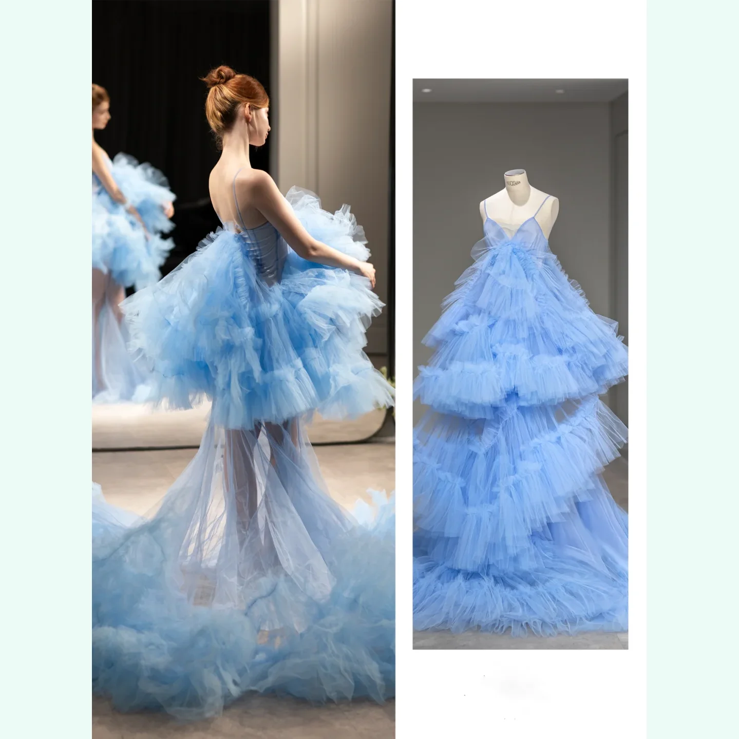 2025 Pleated Shoulder Sheer Transparent Long Layered Prom Gown To Party A Line Spaghetti Prom Gowns Sky Blue Ruffled Maxi Dress