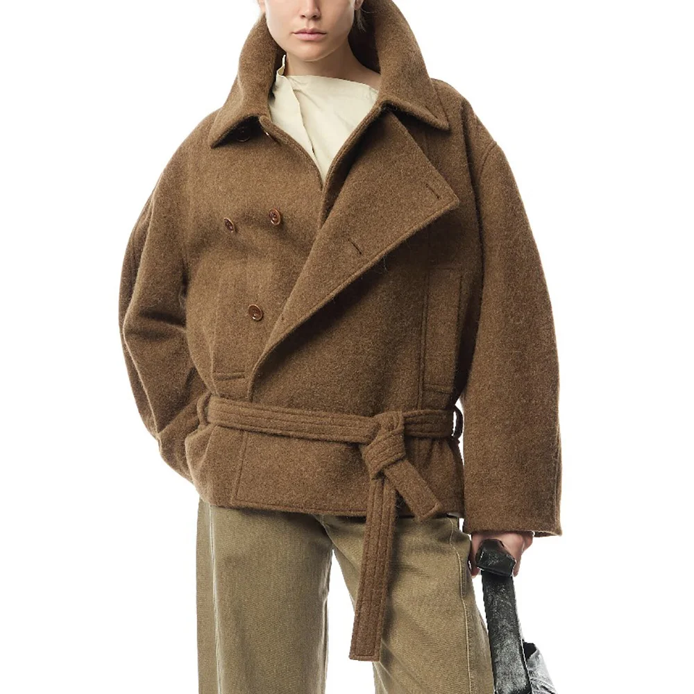 เสื้อแจ็คเก็ตทวีดกระดุมสองแถวของผู้หญิง, ผ้าขนสัตว์ผสม, เข็มขัดรัดตัว, สลิม, ย้อนยุค, เสื้อหรูหรา, ฤดูใบไม้ร่วงและฤดูหนาว, ใหม่, Y2k, 2024