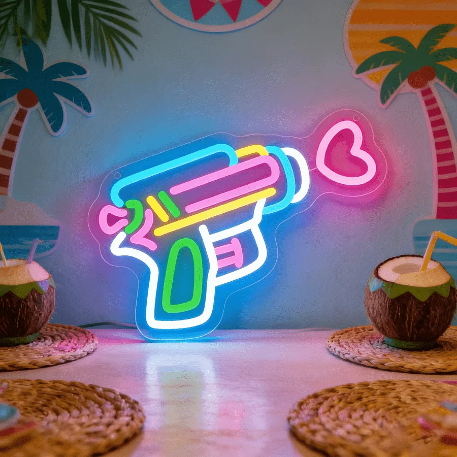 

Водный пистолет с неоновой LED-подсветкой в форме сердца, USB, с регулировкой яркости, разноцветный (розовый, синий), неоновая лампа для детской комнаты, спальни, вечеринки, тропический декор для стен