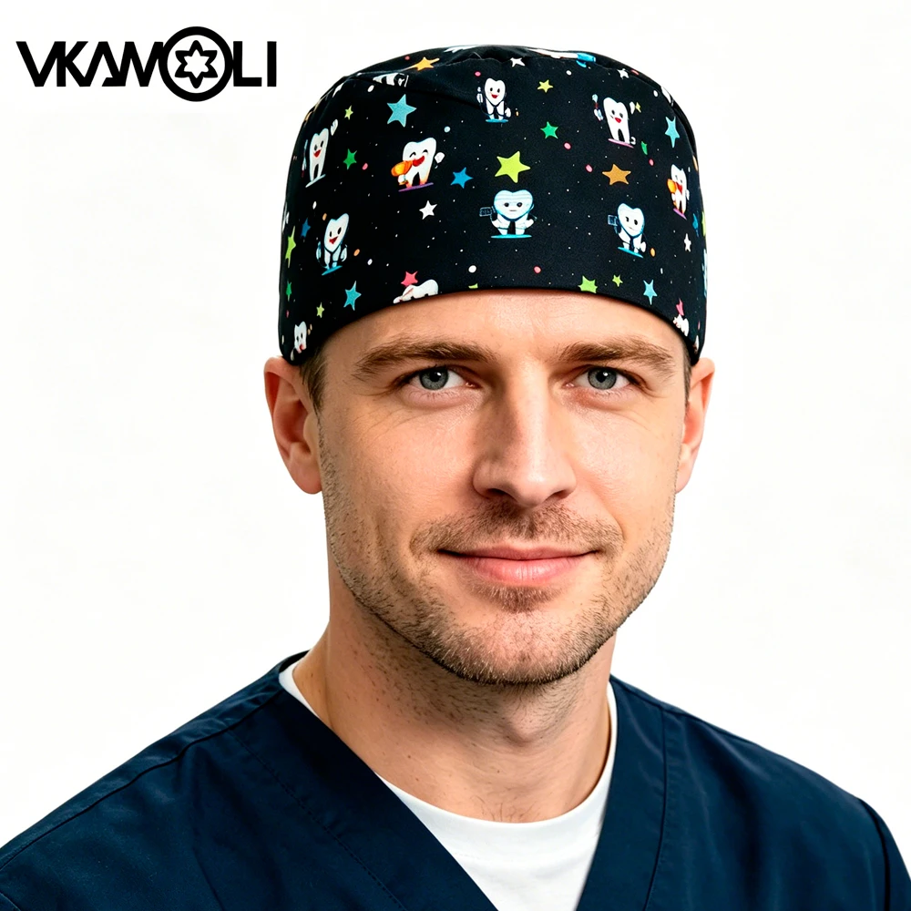 

Cute Tooth Pattern Printed Scrub Hats for Dental Beauty Salon and Health Clinic Work Hats