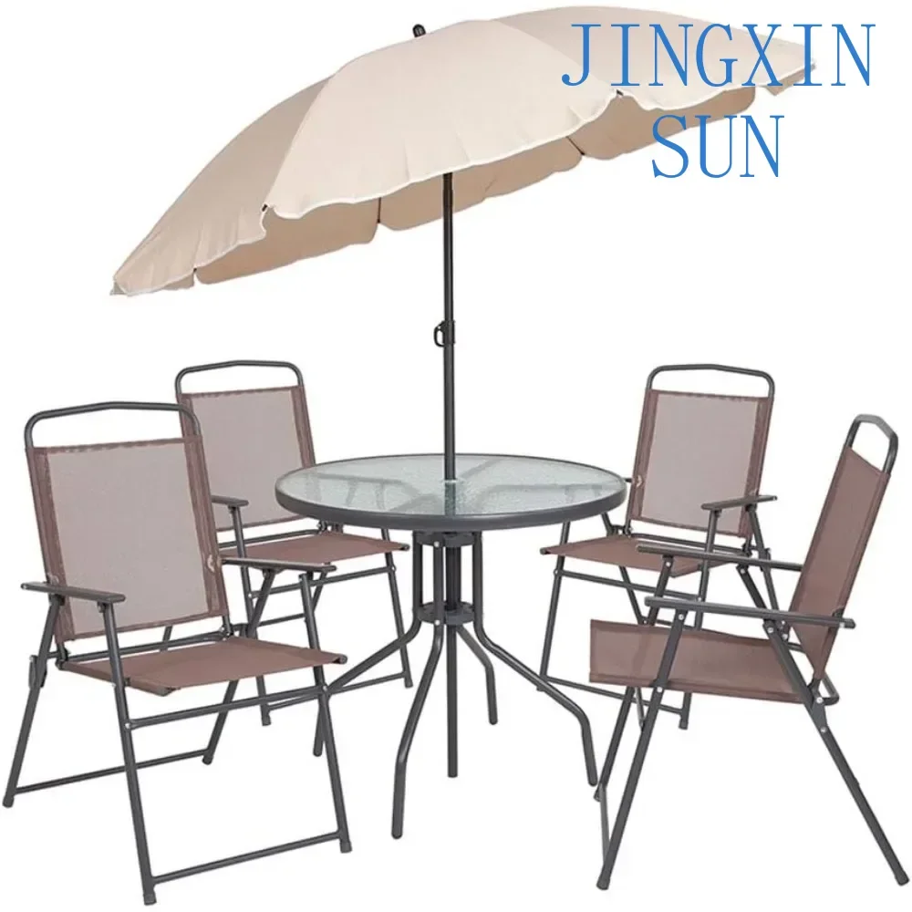 6-Piece Patio Dining Set with Glass Table, 4 Folding Chairs, and Umbrella, Outdoor Patio Table, Chairs, and Umbrella Set