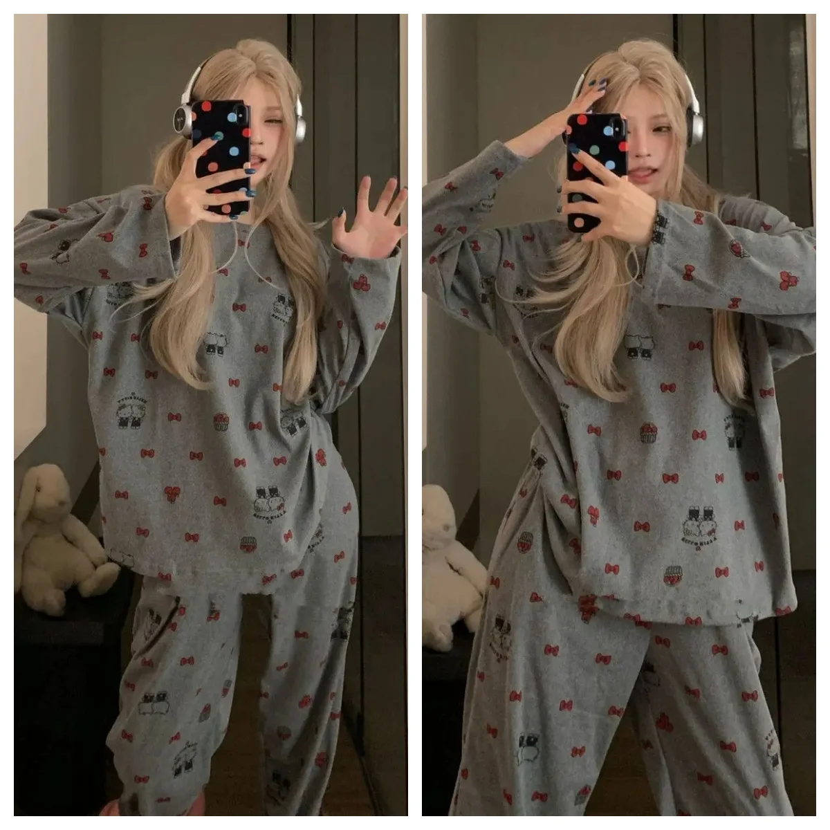 

Sanrio Hello Kitty Pajamas Set Thickened Brushed Velvet Warm Women Homewear Loungewear Cute Cartoon Round Neck Autumn Winter Pj