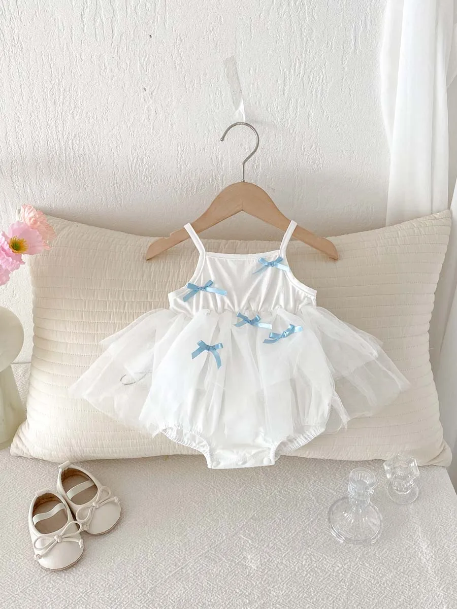 

Korean-style summer baby girl sweet bow strap mesh dress, baby girl strap dress, very suitable for outdoor wear