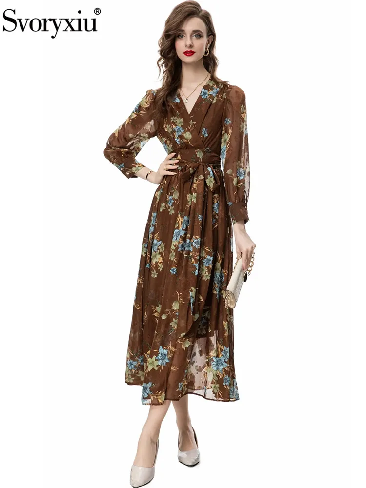 

Svoryxiu Runway Fashion Summer Russet Brown Vintage Long Dress Women V-Neck Lantern Sleeve High Waist Floral Print A-Line Dress