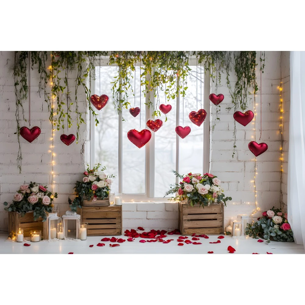 발렌타인 데이 사진 배경, 레드 러브 하트 꽃 창, 로맨틱 발렌타인 웨딩 파티 사진 배경, 2 월 14 일